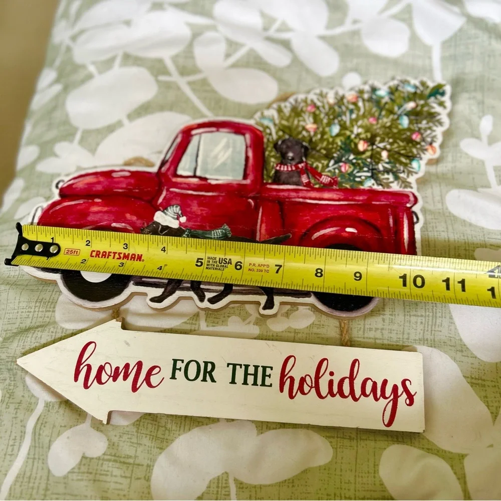 Christmas Festive Red Truck Black Dogs Christmas Tree Wood Wall Hanging Decor